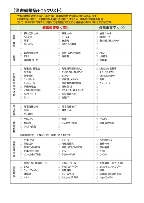 災害備蓄品チェックリスト